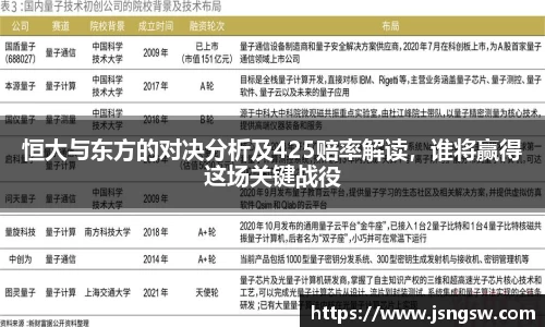 恒大与东方的对决分析及425赔率解读，谁将赢得这场关键战役